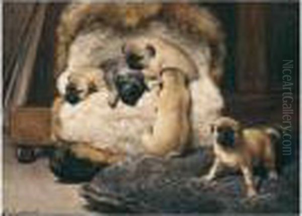 Nest Met Jonge Mastiffs (a Nest Of Puppy Pugs) Oil Painting by Otto Eerelman