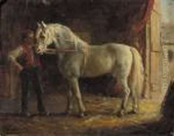 A Groom Tending A Circus-horse Oil Painting by Otto Eerelman