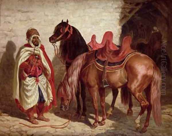 An Arab with two horses Oil Painting by Francois-Hippolyte Lalaisse