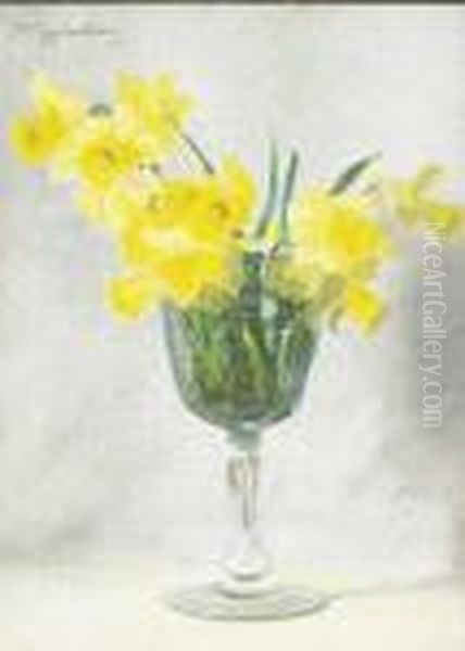 Daffodils In A Glass Oil Painting by Wycliffe Egginton