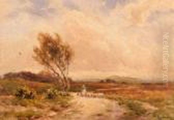 Shepherd With Sheep In A Windswept Country Lane by Wycliffe Egginton