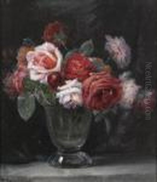 Roses In A Glass Vase Oil Painting by Wycliffe Egginton