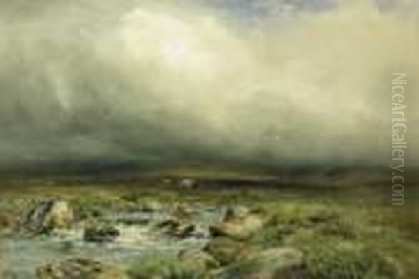 Ponies On Dartmoor, A Rocky Stream In The Foreground Oil Painting by Wycliffe Egginton