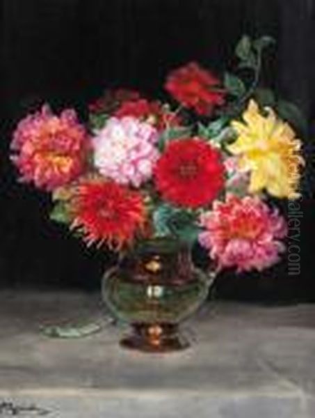 Chrysanthemums In A Lustreware Jug Oil Painting by Wycliffe Egginton