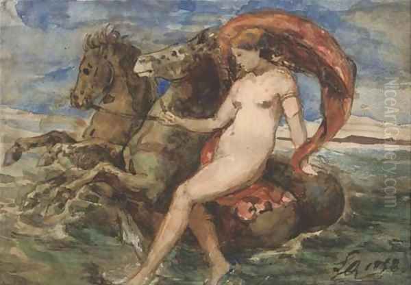 Venus carried by a pair of sea-horses Oil Painting by Francois-Hippolyte Lalaisse