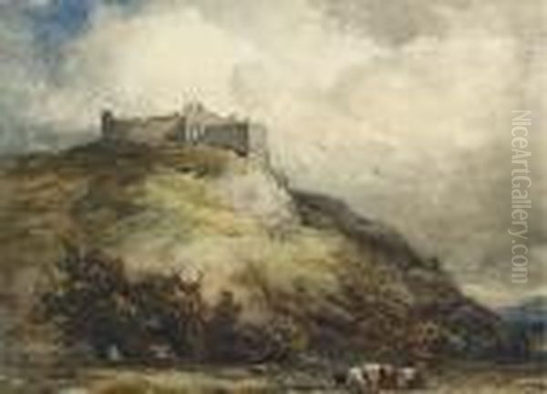 Cattle Grazing Below A Ruined Castle On A Stormy Day Oil Painting by Wycliffe Egginton