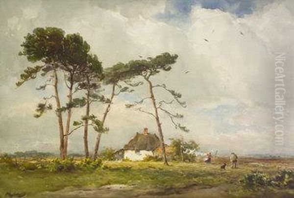 A Windswept Cottage With Figures Oil Painting by Wycliffe Egginton