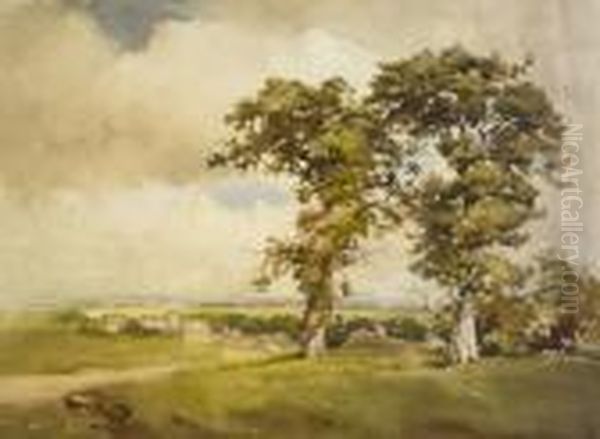 Extensive Landscape With Distant Village And Sheep Grazing On A Moor Oil Painting by Wycliffe Egginton