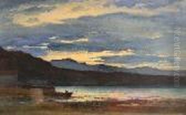 Coastal Scene With Fisherman At Sunset Oil Painting by Wycliffe Egginton