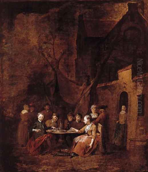 Country folk seated at tables outside inns Oil Painting by Jan Baptist Lambrechts