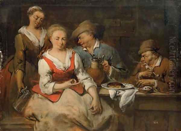 Mixed company smoking and drinking in an interior Oil Painting by Jan Baptist Lambrechts