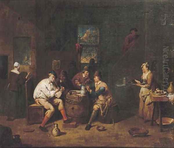 Peasants smoking and drinking in a tavern Oil Painting by Jan Baptist Lambrechts