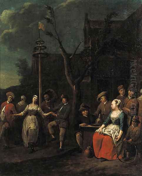 Boors dancing around a maypole Oil Painting by Jan Baptist Lambrechts