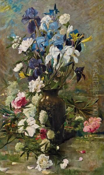 Iris, Anemonen Und Pfingstrosen In Vase Oil Painting by Marie Egner