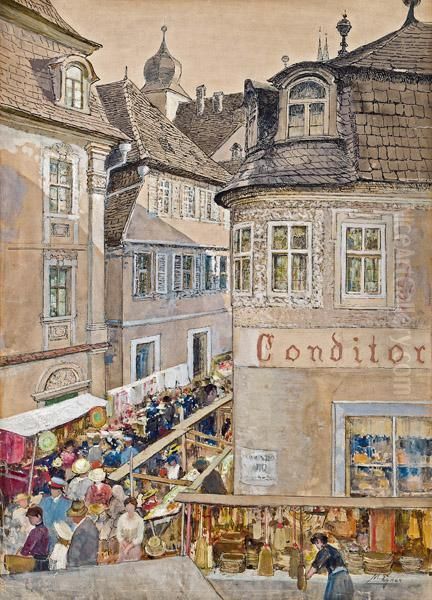 Wochenmarkt In Marktbreit Am Main Oil Painting by Marie Egner