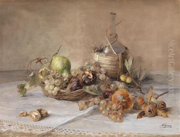 A Still Life With Fruits And A Bottle Of Chianti Oil Painting by Marie Egner