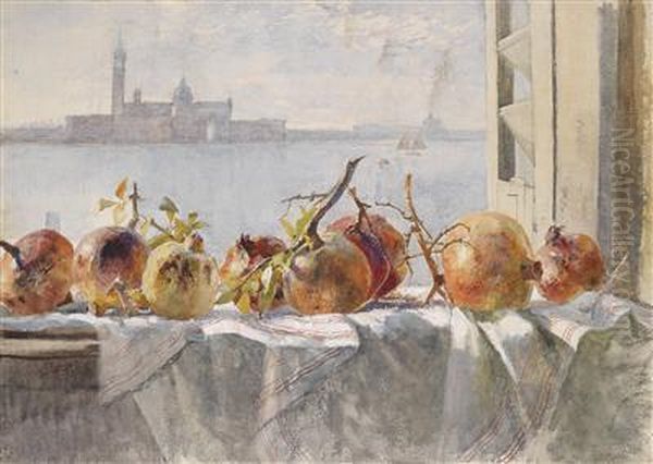 A Pomegranate On A Window Sill Oil Painting by Marie Egner