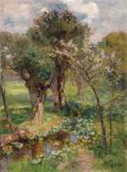 Fruhlingslandschaft Mit Bach, Dotterblumen Und Bluhenden Baumen Oil Painting by Marie Egner