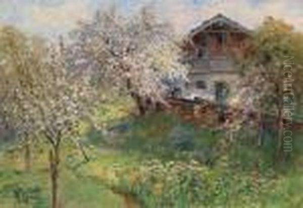 Bauernhaus Mit Bluhenden Obstbaumen Oil Painting by Marie Egner