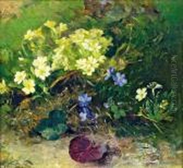 Blumenstuck Mit Primeln Und Leberblumchen Oil Painting by Marie Egner