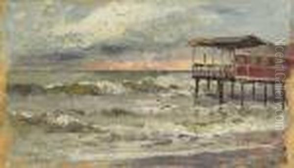 Badehutten Am Strand Von Viareggo Oil Painting by Marie Egner