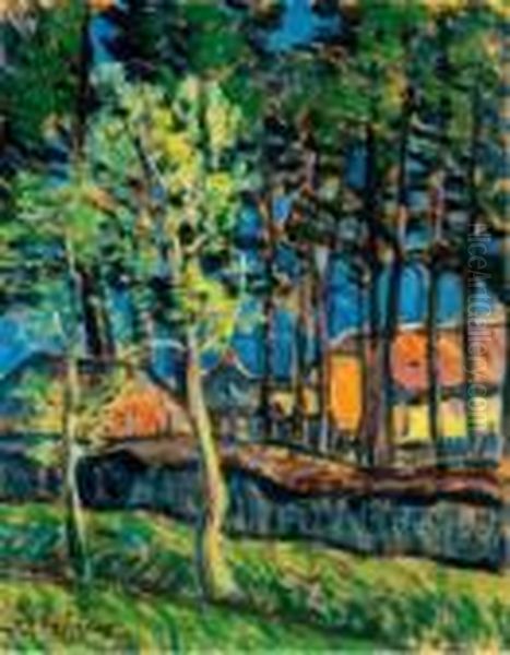 Sunlit Houses Among Trees Oil Painting by Jozsef Egry