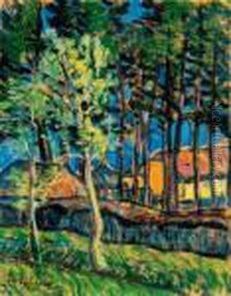 Sunlit Houses Among Trees Oil Painting by Jozsef Egry