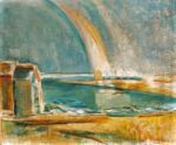 Rainbow Over The Lake Balaton (badacsony) Oil Painting by Jozsef Egry