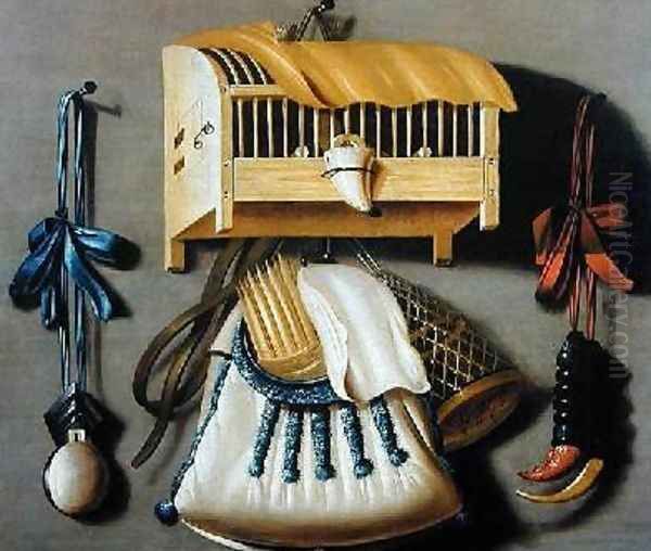 Trompe loeil of hunting equipment and a bird cage Oil Painting by Johannes Leemans