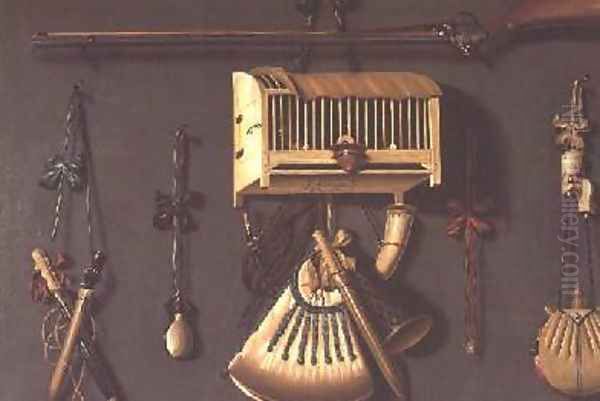 A Trompe lOeil Still life of a Gun a Powder Horn a Caged Bird and Hunting Equipment Oil Painting by Johannes Leemans