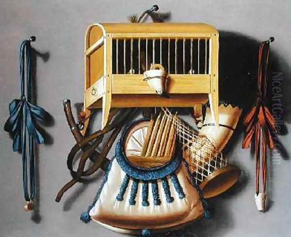 Birdcage and Hunting Paraphernalia Oil Painting by Johannes Leemans