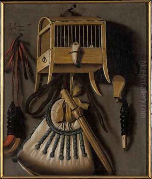 Still life with bird trapping equipment Oil Painting by Johannes Leemans