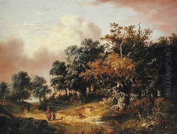 Wooded Landscape with Woman and Child Walking Down a Road Oil Painting by Robert Ladbrooke