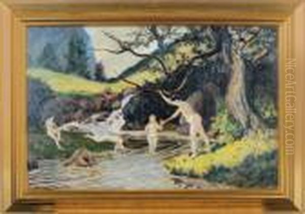 Bathers Frolicking In A Stream Oil Painting by Louis Michel Eilshemius