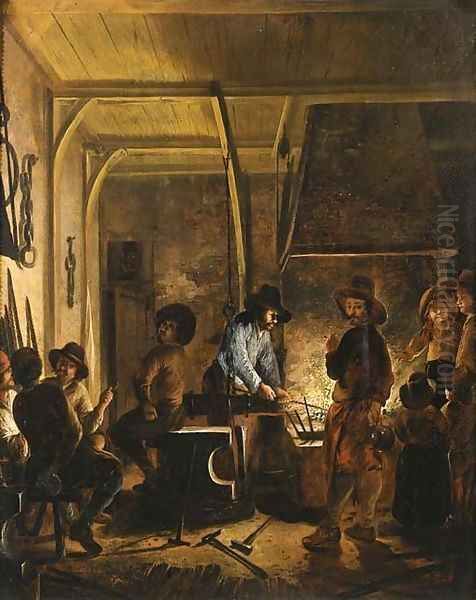 A blacksmith at work Oil Painting by Gerrit Lundens