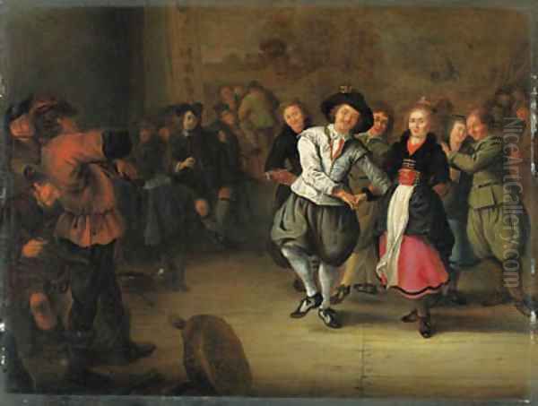 A Bridal Couple dancing in an Interior Oil Painting by Gerrit Lundens