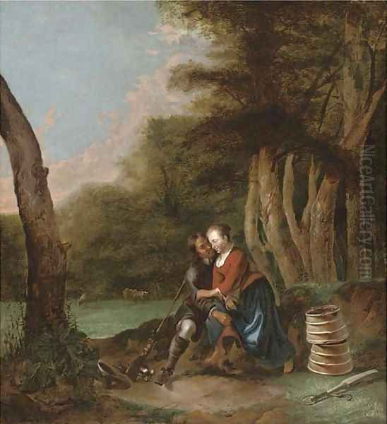 A huntsman courting a milkmaid under a tree in a meadow Oil Painting by Gerrit Lundens