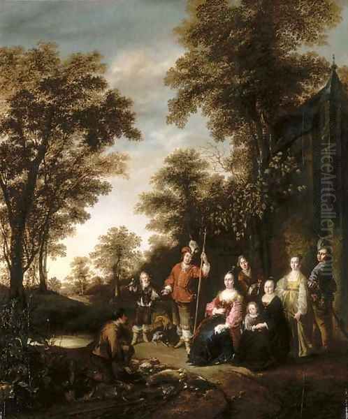 A family portrait in a landscape after a hunt Oil Painting by Gerrit Lundens