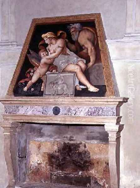 Venus Vulcan and Cupid fresco above a fireplace Oil Painting by Lorenzo Leonbruno