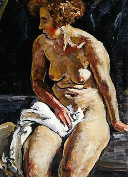 Sitting Nude with a White Towel II Oil Painting by Karl Leyhausen