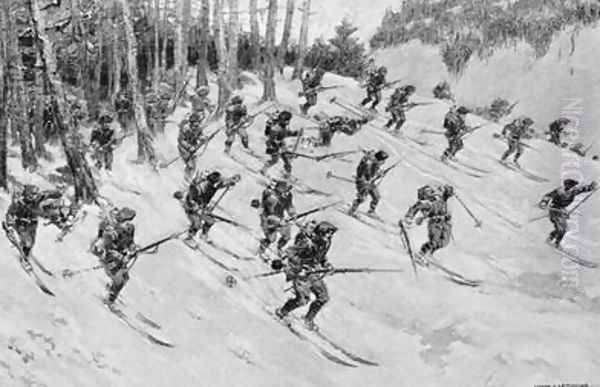 French Alpine troops attacking on skis during World War One Oil Painting by Lever Lemonier