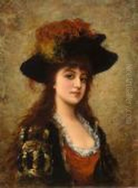 A Young Beauty With A Feathered Hat Oil Painting by Eisman Semenowsky