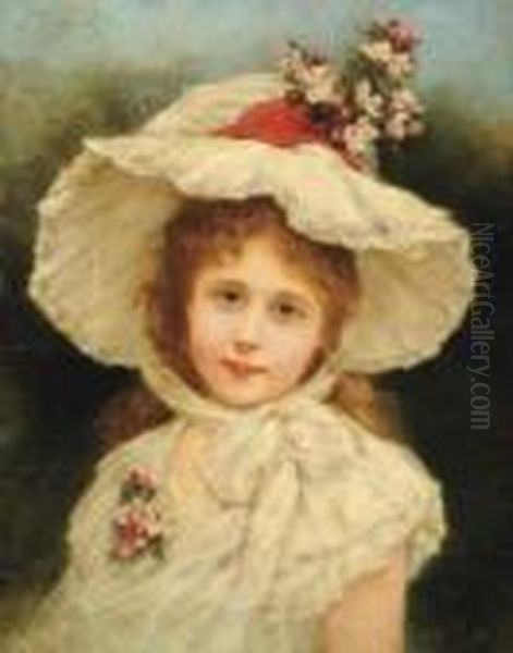 Portrait De Fillette Au Chapeau Fleuri Oil Painting by Eisman Semenowsky