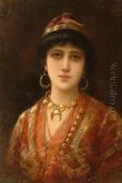 Harem Beauty, Half Length Portrait Of A Young Girl Wearing Ornate Costume And Jewellery Oil Painting by Eisman Semenowsky