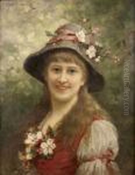 Portrait De Jeune Fille Au Chapeau Fleuri Oil Painting by Eisman Semenowsky