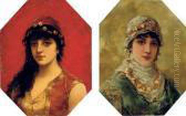 Portrait Of A Woman In A White 
Head Scarf; And Portrait Of A Woman In A Red Tunic With Gold Trim Oil Painting by Eisman Semenowsky