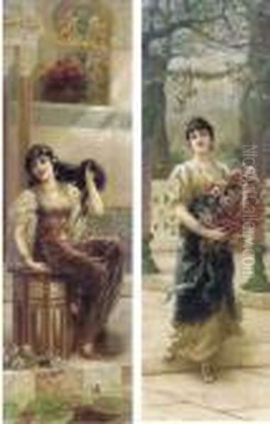 A Lady Styling Her Hair; And A Lady With Flowers Oil Painting by Eisman Semenowsky