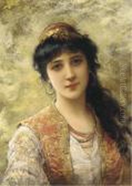 A Young Beauty In An Embroidered Vest Oil Painting by Eisman Semenowsky