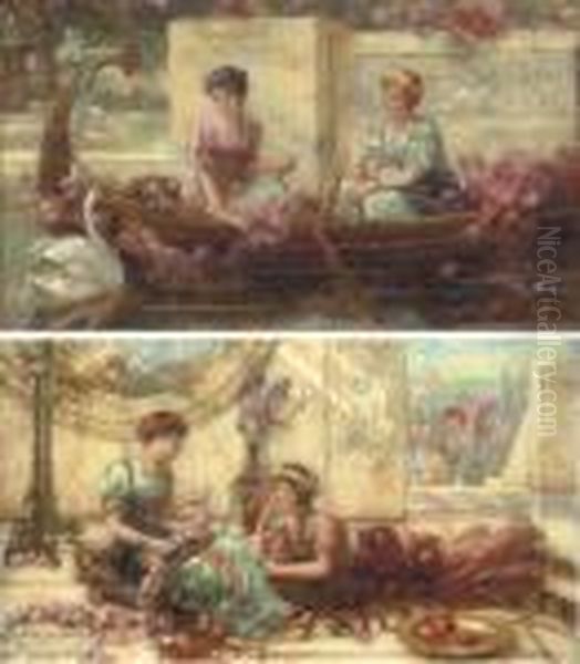 Elegant Maidens On A Terrace; And Maidens In A Boat Oil Painting by Eisman Semenowsky