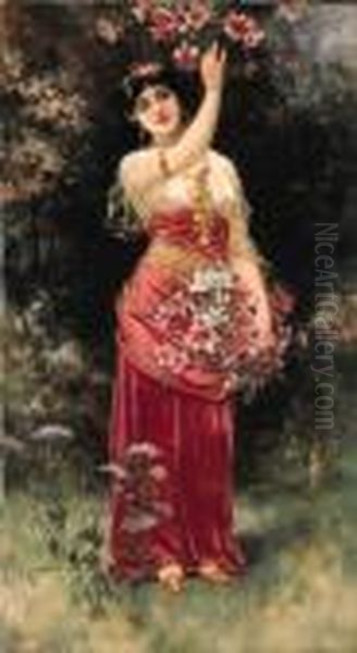 An Oriental Flower Girl Oil Painting by Eisman Semenowsky